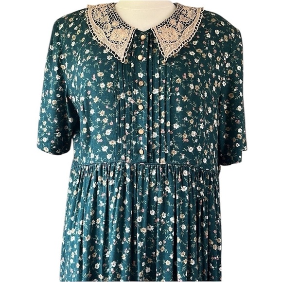 90s Vintage Midi Dress with Crochet Lace Collar Green Size M/L - Picture 10 of 12